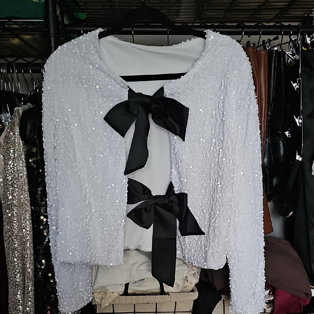Velvet And Sequin Bow Cardigan
